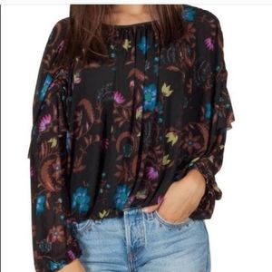 Free People Wildflower Honey Mesh Floral Blouson Cropped Peasant Top Bla…